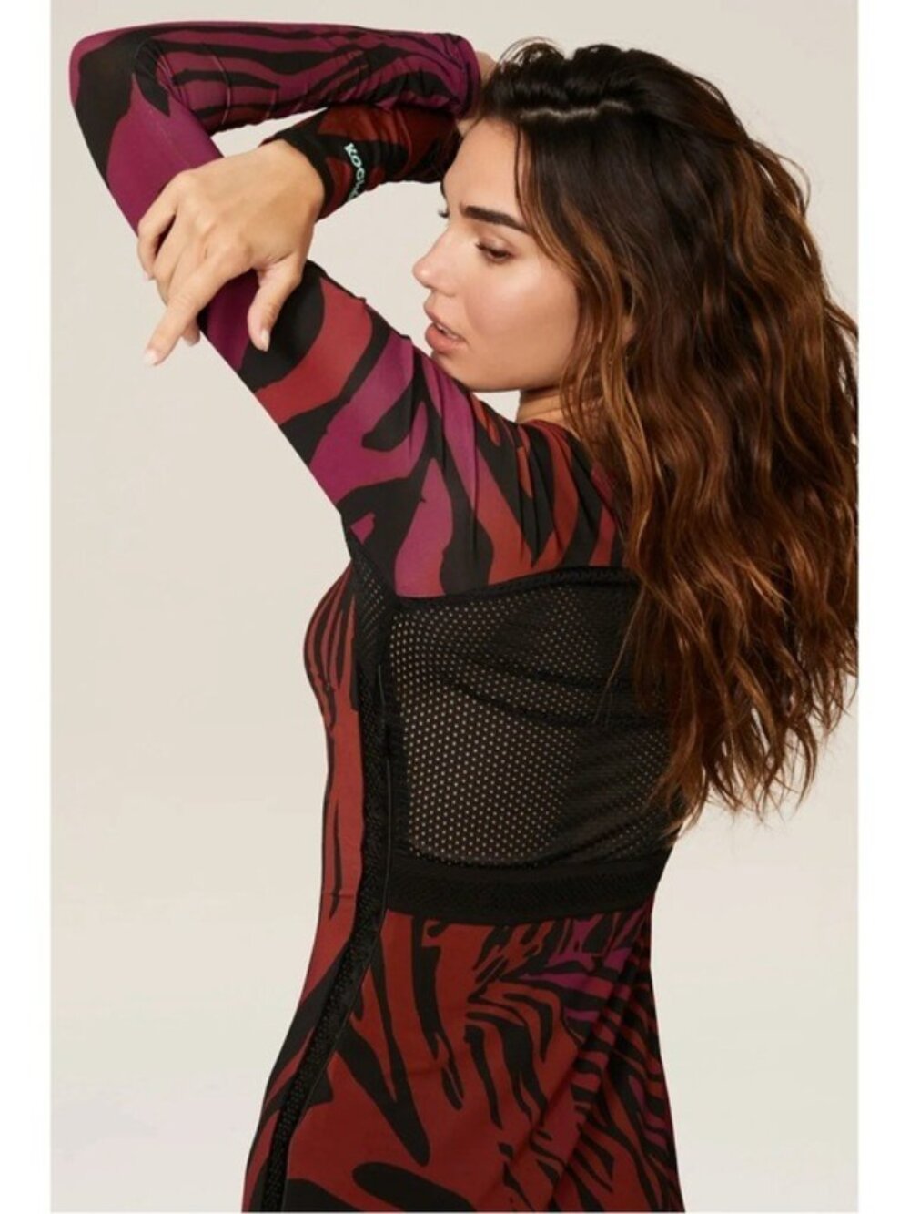 KOCHE' Zebra Striped Mini Dress L Stretch Mesh Back Leather Stripe Side Bodycon